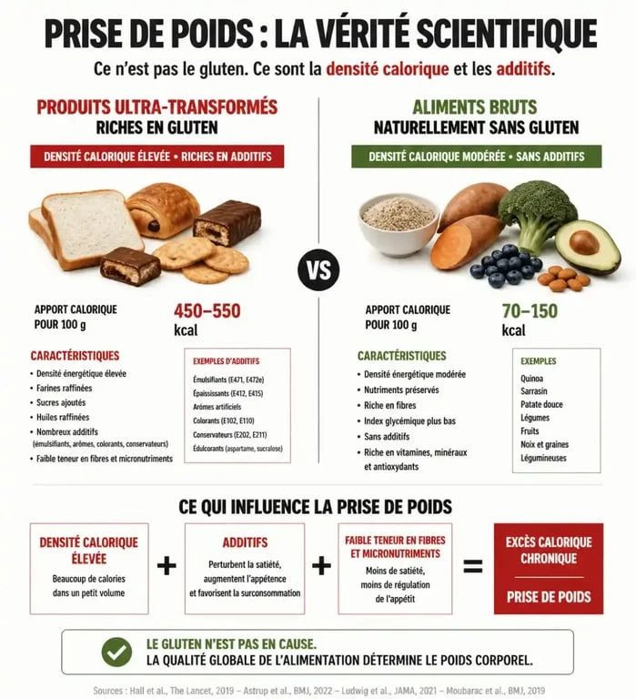 Infographie expliquant pourquoi le gluten ne fait pas grossir et le rôle des aliments ultra-transformés
