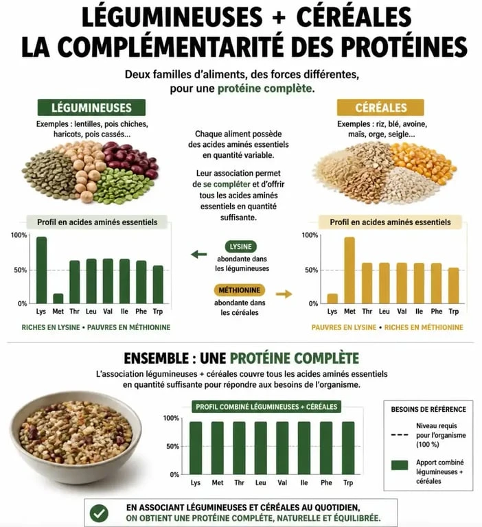 Infographie sur la complémentarité des sources de protéines végétales pour une alimentation équilibrée