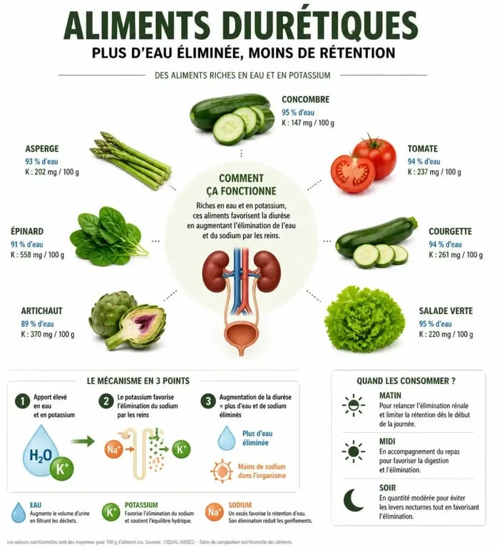 Infographie sur les aliments diurétiques avec légumes riches en eau et en potassium