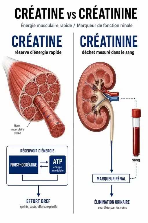 Qu est ce que la creatine : schéma comparatif entre créatine musculaire et créatinine rénale