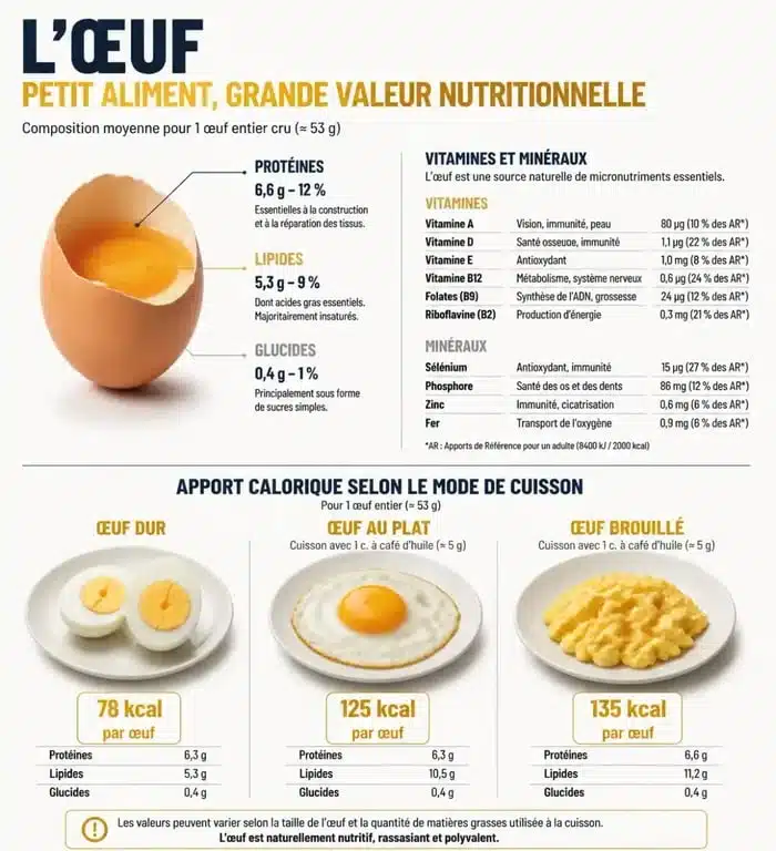 Infographie sur les calories et la composition nutritionnelle des œufs selon le mode de cuisson