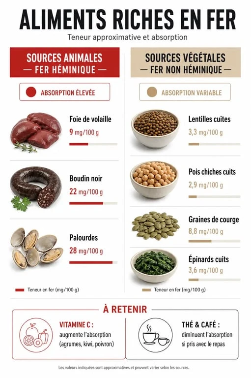 Liste d aliments riche en fer : infographie comparative des sources animales et végétales, avec absorption et associations utiles