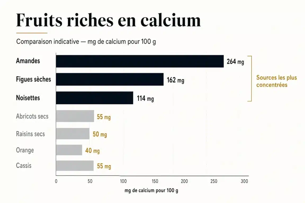 Les fruits riches en calcium comparés dans une infographie éditoriale, avec amandes, figues sèches, noisettes et fruits frais