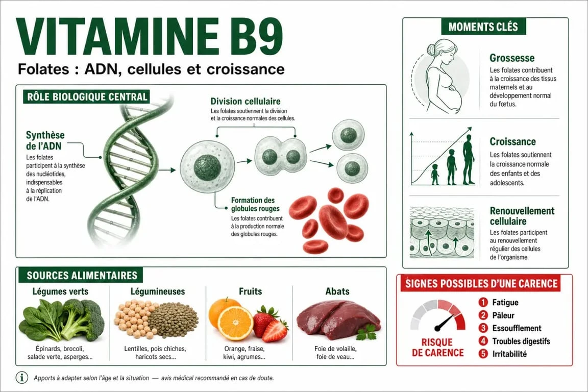 À quoi sert la vitamine B9 : infographie sur ses rôles, ses carences et ses sources alimentaires