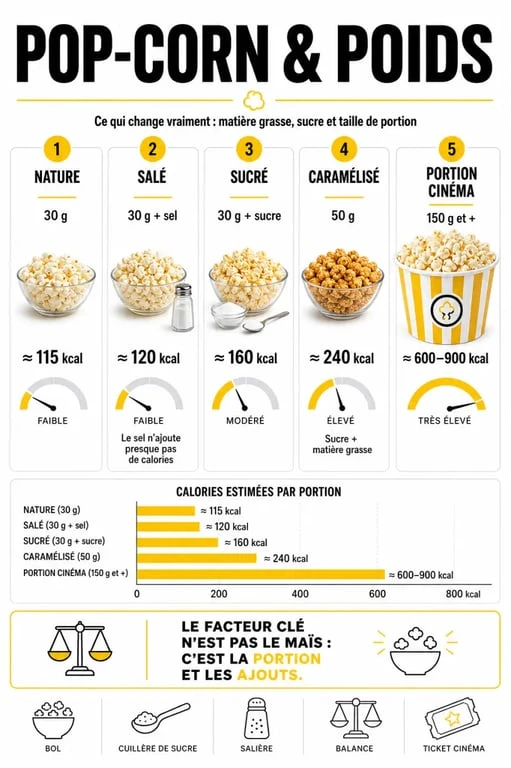 Le pop corn fait il grossir : infographie comparant les calories du pop-corn nature, sucré, salé et cinéma