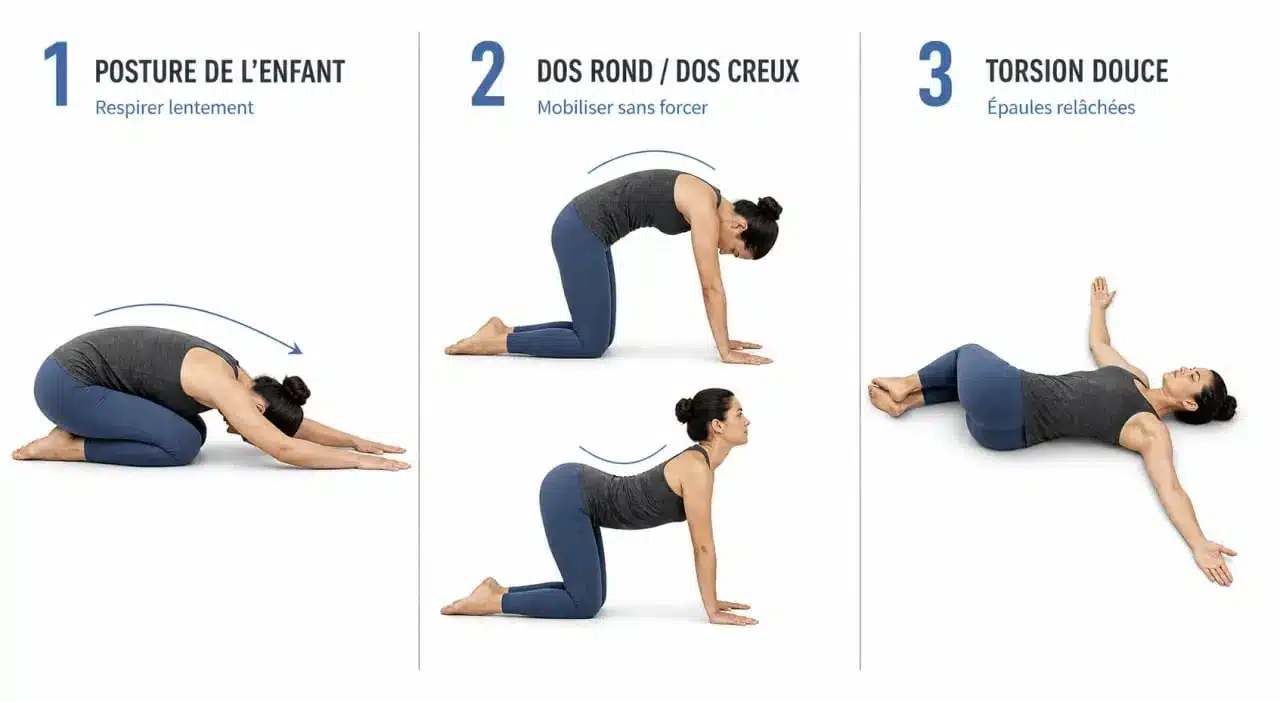 Étirements bas dos en trois postures simples pour soulager et mobiliser les lombaires