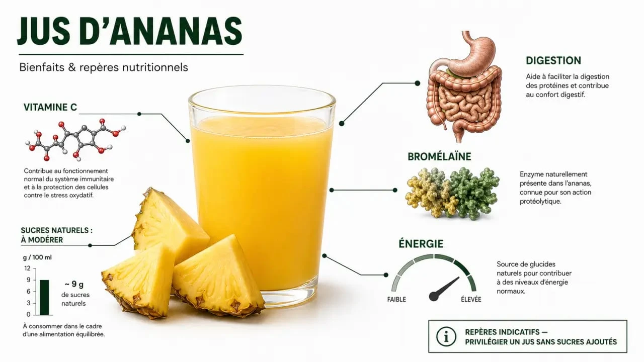 Infographie sur les jus d'ananas bienfaits : vitamine C, bromélaïne, digestion et précautions