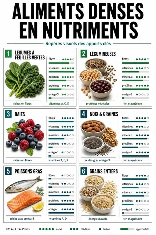 Aliment riche en nutriment : infographie des familles d’aliments les plus denses en vitamines, minéraux, fibres et protéines