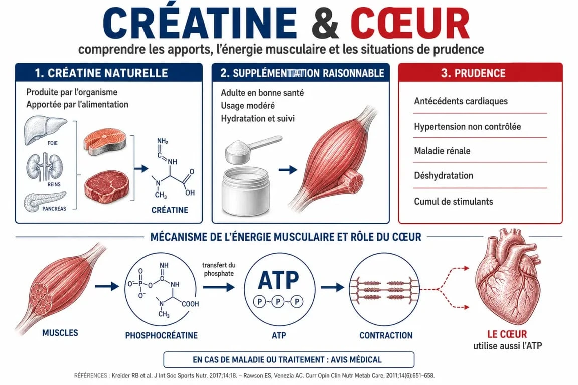 Créatine dangereux pour le cœur : schéma explicatif des effets, des doses raisonnables et des situations à risque