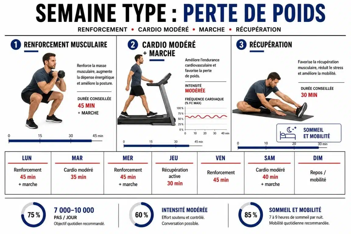 Exercice perte de poids : semaine équilibrée avec renforcement, cardio, marche et récupération