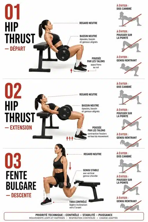 Sport pour fessier : positions correctes du hip thrust et de la fente bulgare