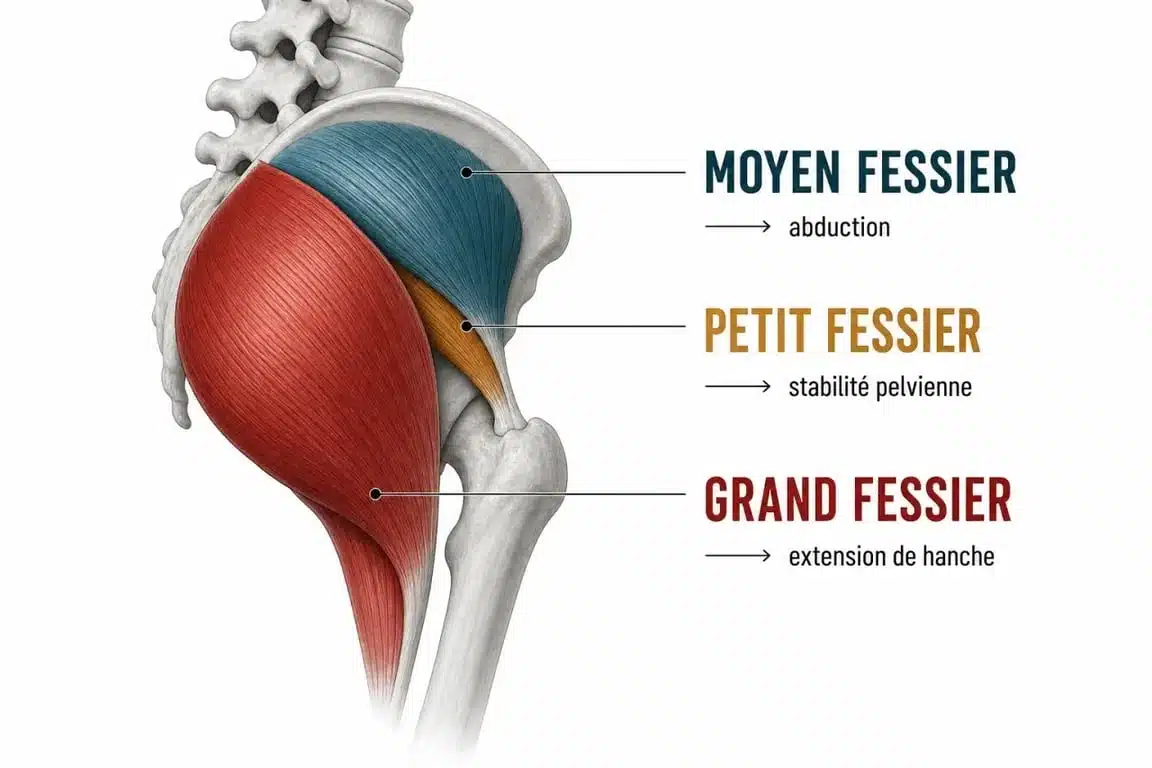 Sport pour fessier : schéma des trois muscles fessiers et de leurs rôles