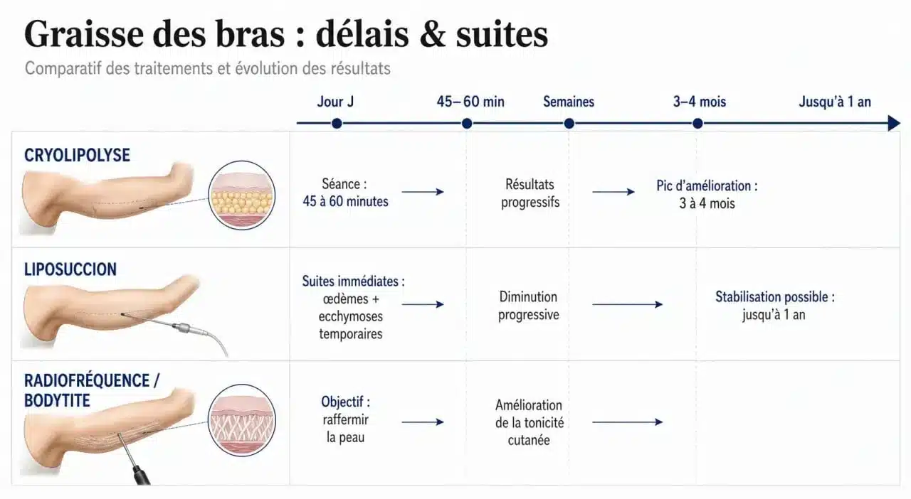 Délais des traitements pour la graisse bras : cryolipolyse, liposuccion et raffermissement cutané