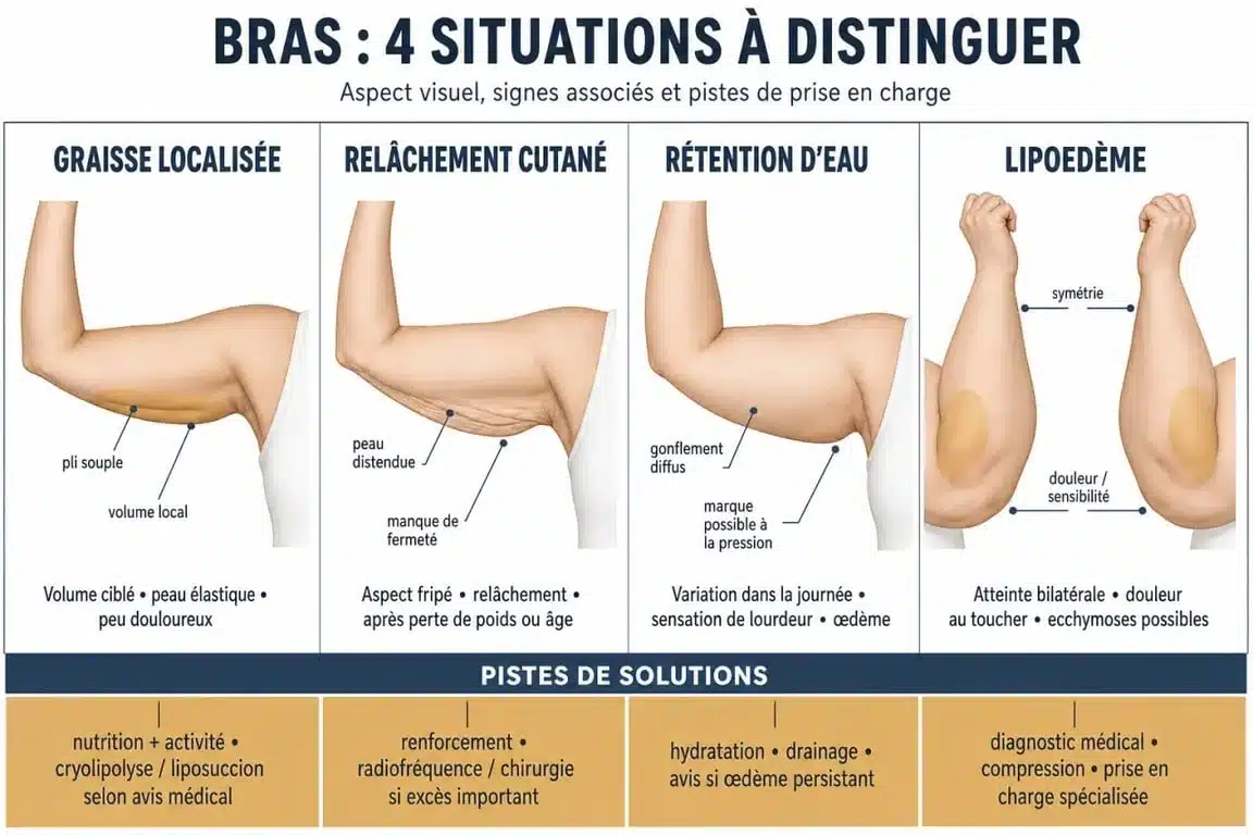 Infographie comparative sur la graisse bras, le relâchement cutané, la rétention d’eau et le lipoedème