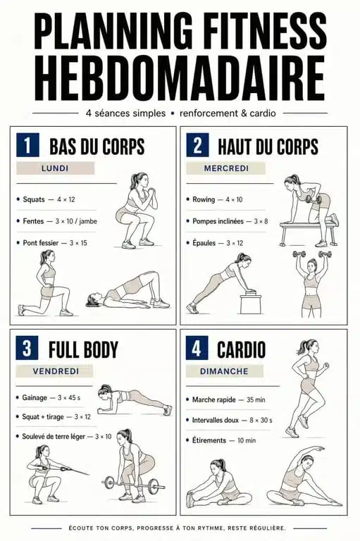 Exercices fitness femme : planning hebdomadaire simple avec squat, fentes, gainage, rowing et cardio