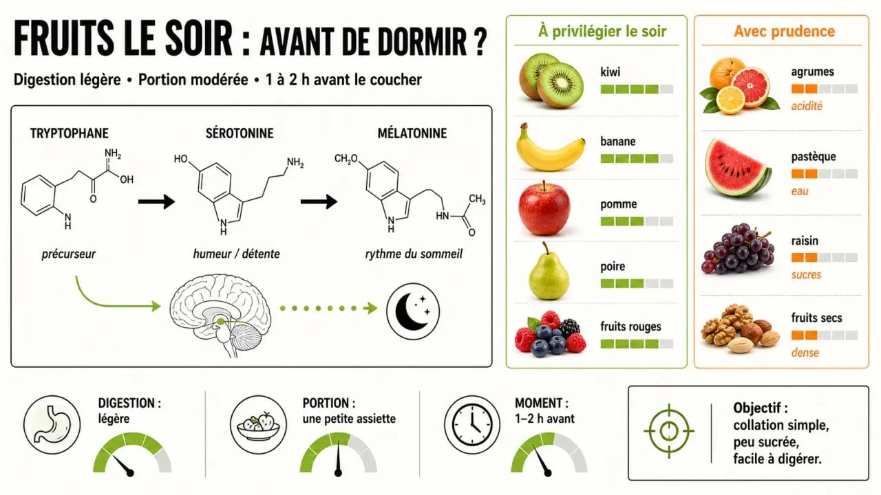 Infographie sur manger des fruits le soir avant de se coucher, avec les fruits à privilégier et ceux à éviter avant le coucher