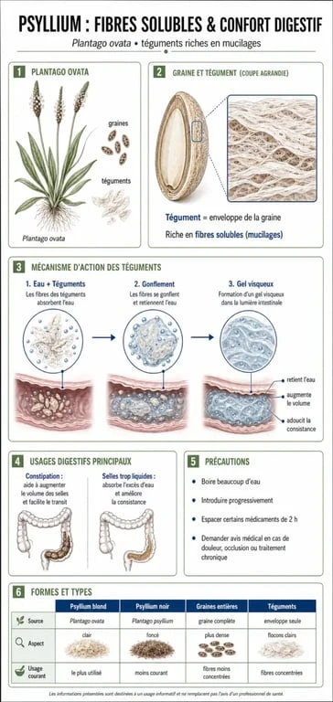 Psyllium c est quoi : infographie sur ses fibres, ses mucilages, ses usages digestifs et ses précautions