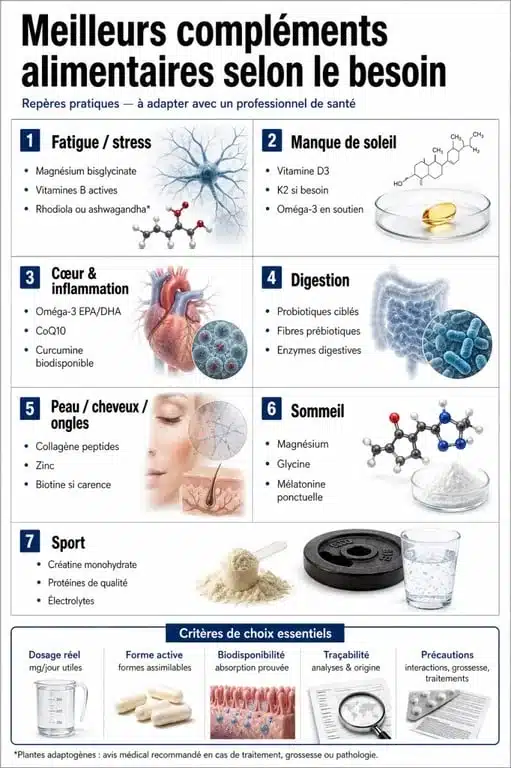 Infographie des meilleurs compléments alimentaires selon le besoin : vitamine D, magnésium, oméga 3, probiotiques et collagène