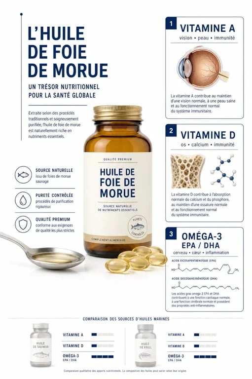 Infographie sur l’huile de foie de morue : vitamines A, vitamine D et oméga 3