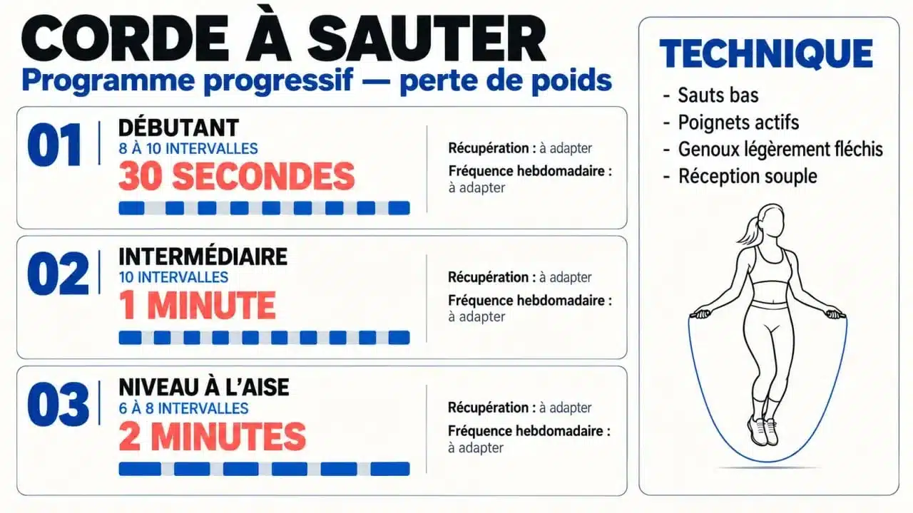 Infographie perdre du poids corde à sauter avec programme progressif et conseils de technique