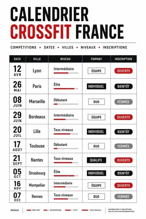 Compétitions CrossFit : calendrier centralisé avec filtres par date, ville, niveau et format