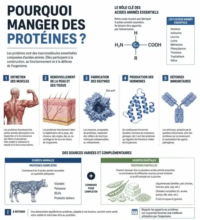 Infographie scientifique expliquant pourquoi manger des protéines et leurs rôles dans l’organisme