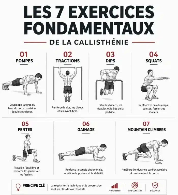 Schéma des exercices de base pour un plan d'entraînement calisthenics gratuit