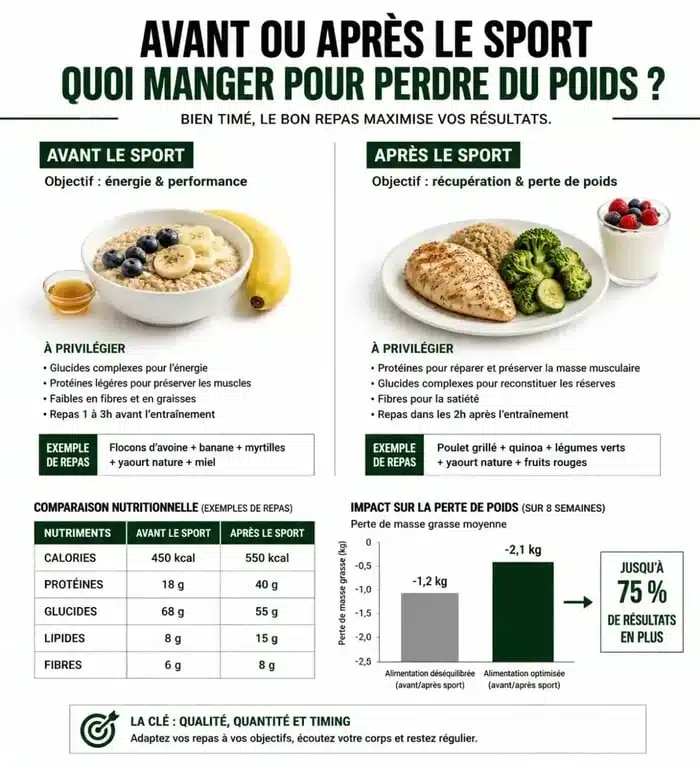 Tableau comparatif perte de poids manger avant ou apres le sport