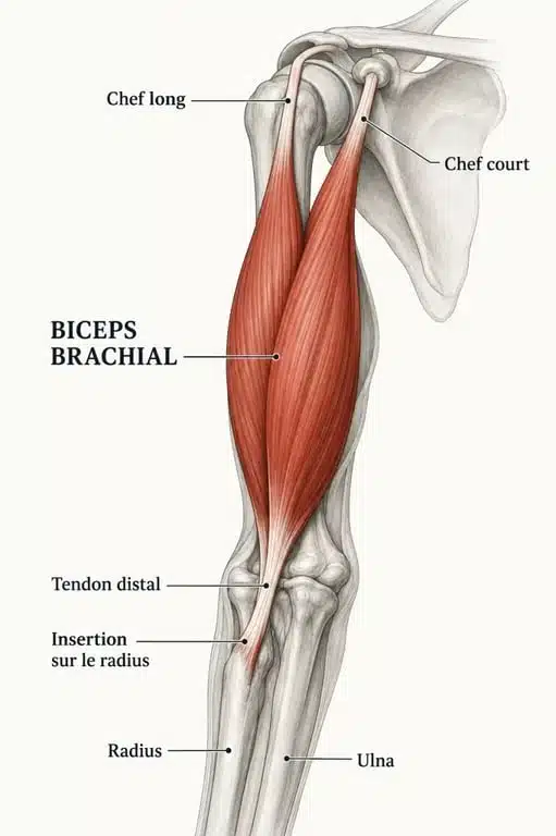 Schéma anatomique du biceps court avec le chef long, le chef court et le tendon distal