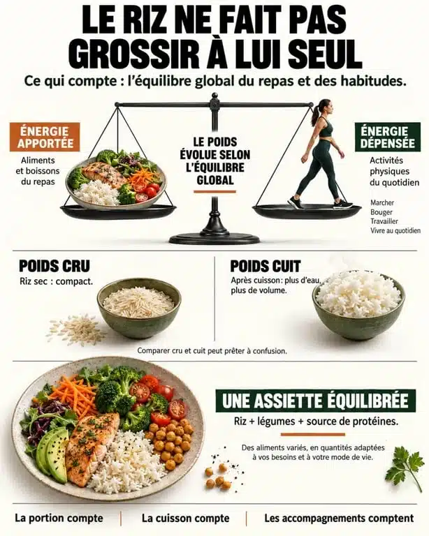 Est-ce que le riz fait grossir : infographie sur les portions et l’assiette équilibrée