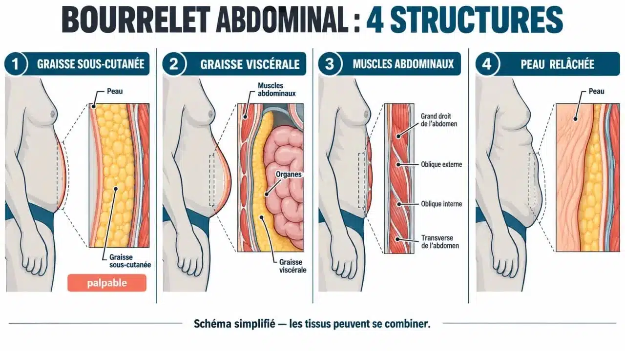Schéma anatomique pour comprendre un bourrelet au ventre, la graisse sous-cutanée et la graisse viscérale