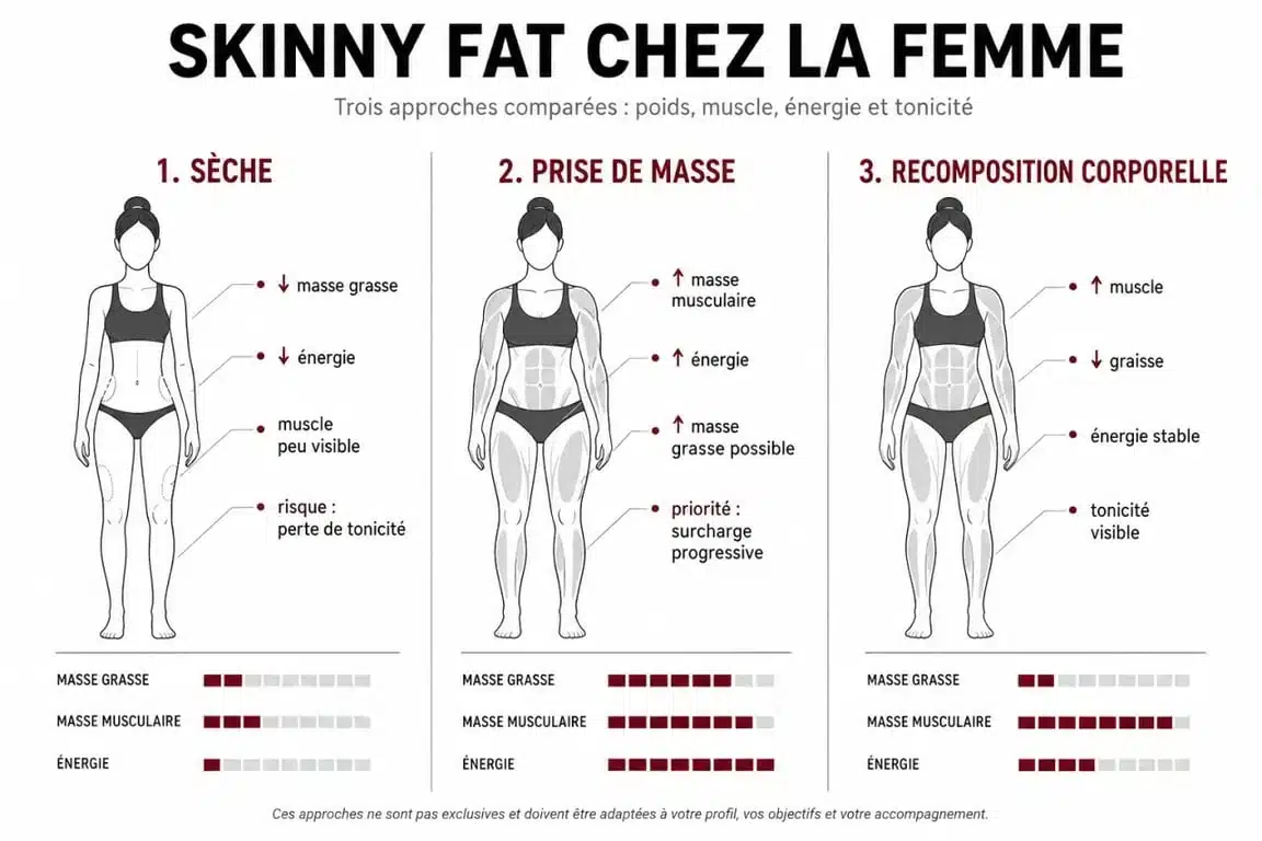 Comparaison visuelle skinny fat femme entre sèche, prise de masse et recomposition corporelle