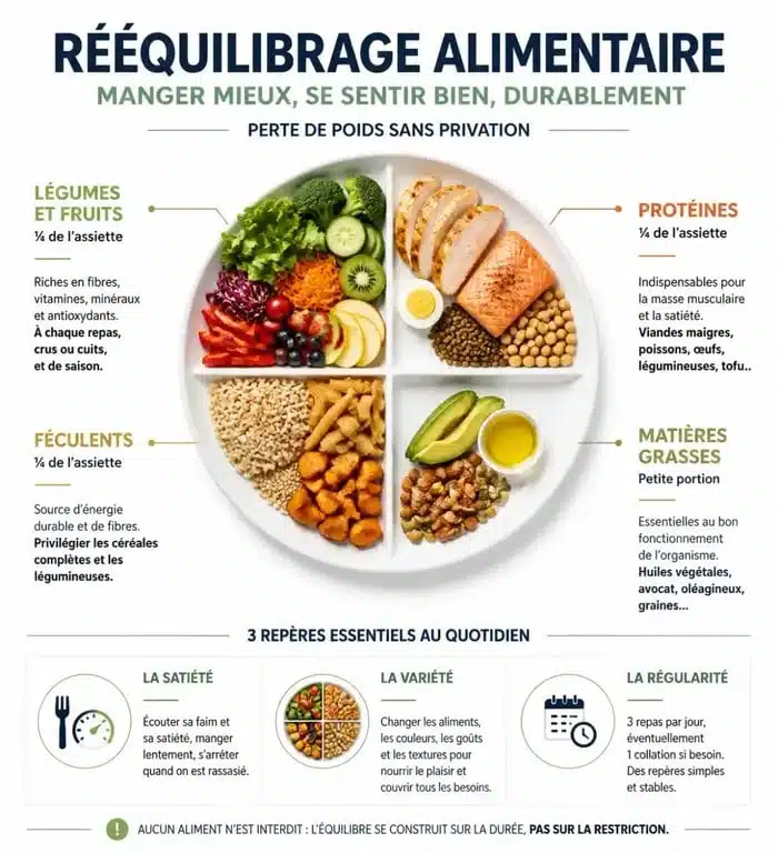 Infographie sur le rééquilibrage alimentaire perte de poids et la composition d’une assiette équilibrée
