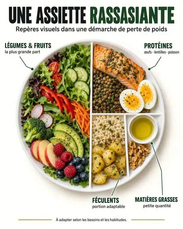 Programe perte de poids : infographie d'une assiette rassasiante avec légumes, protéines, féculents et matières grasses