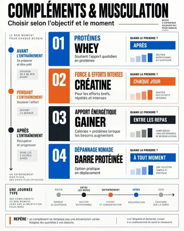 Infographie sur les compléments alimentaires muscu selon l’objectif et le moment de prise