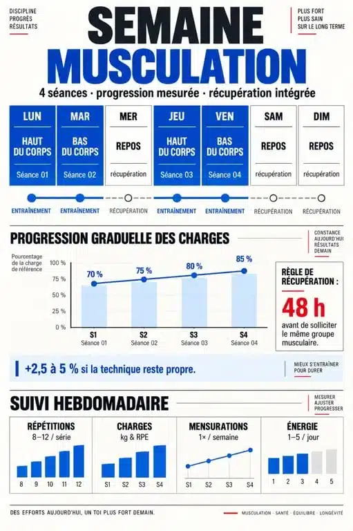 Infographie musculation 4 fois par semaine resultat : répartition des séances, récupération et progression
