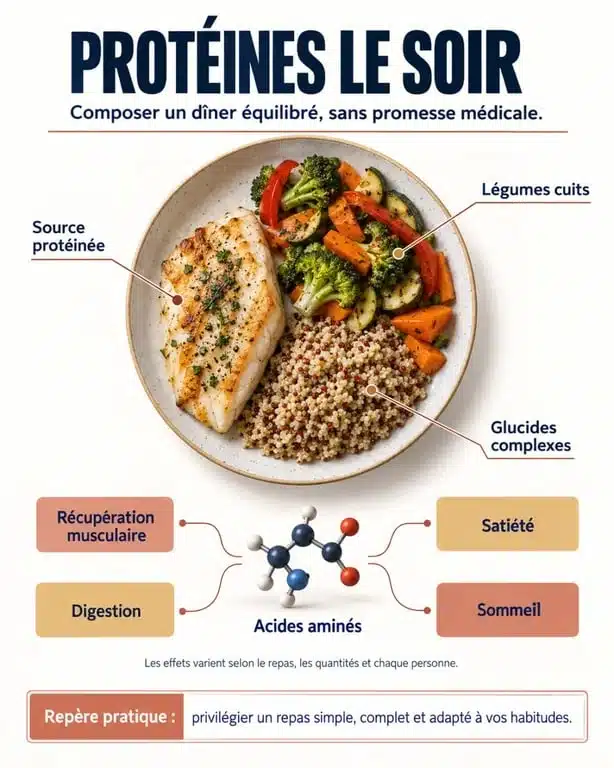 Infographie scientifique sur les protéines le soir, la récupération musculaire et le sommeil