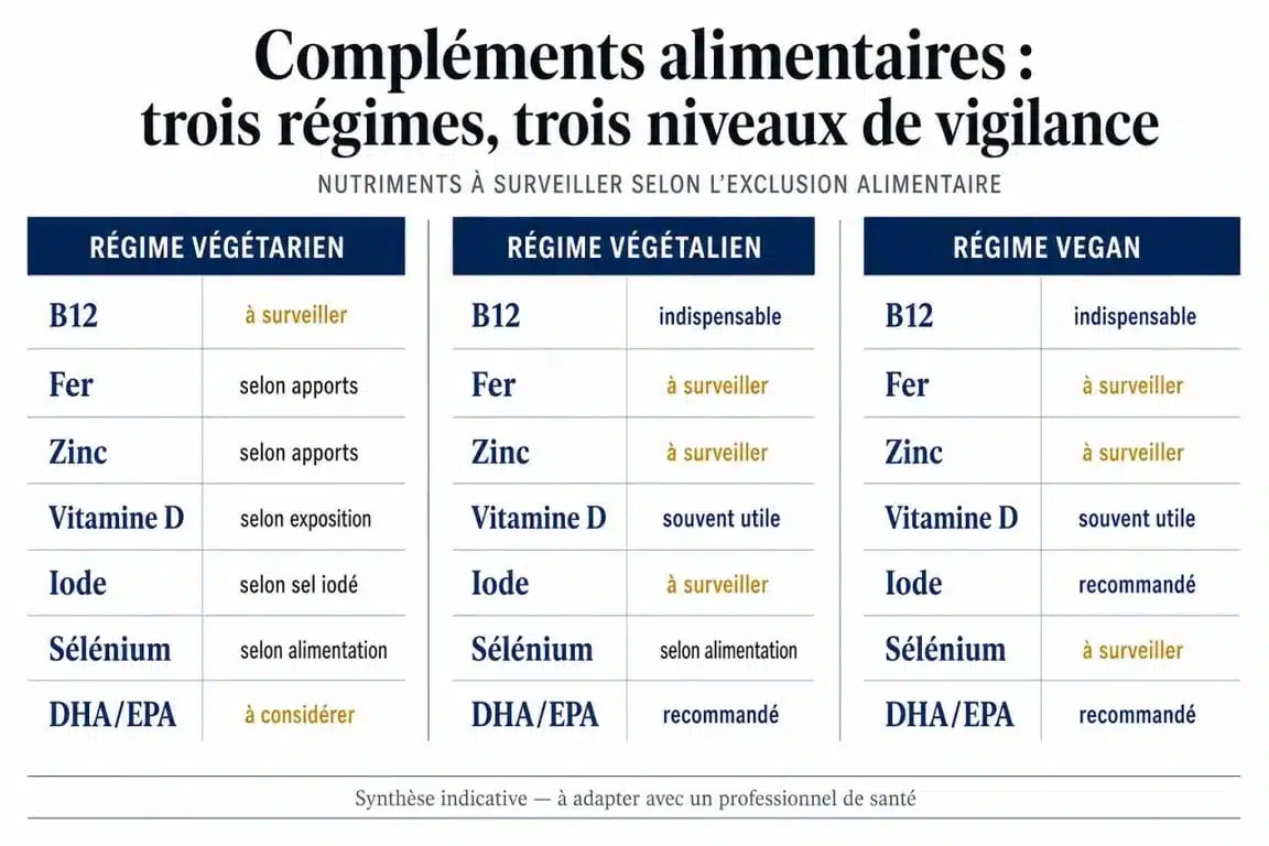 Complément alimentaire végétarien : comparaison des nutriments critiques selon végétarien, végétalien et vegan