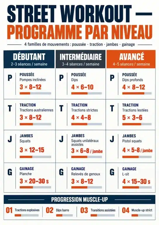 Infographie du programme street workout par niveau avec exercices, fréquence et séries