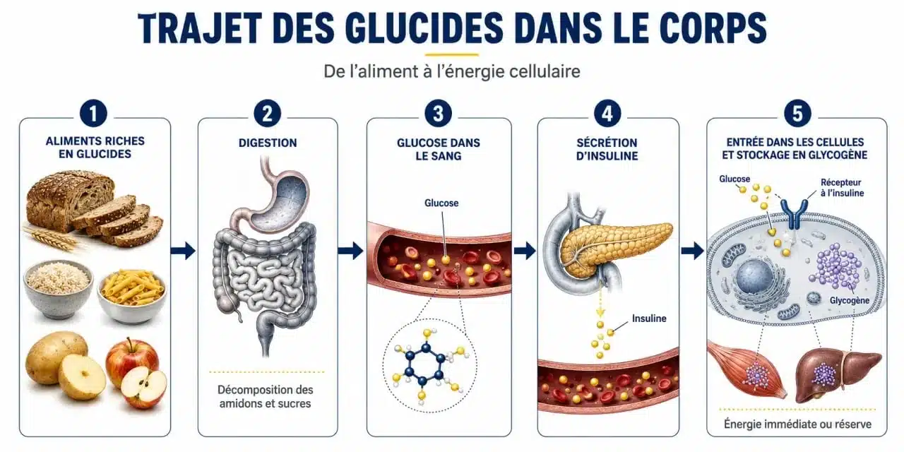 C’est quoi les glucides : schéma du trajet des glucides vers le glucose, la glycémie et l’insuline