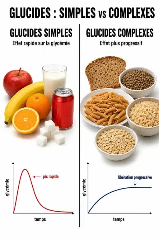 C’est quoi les glucides : comparaison visuelle entre glucides simples et glucides complexes