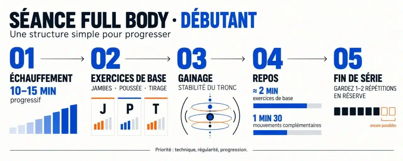 Infographie sur la structure d’une séance de musculation débutant full body