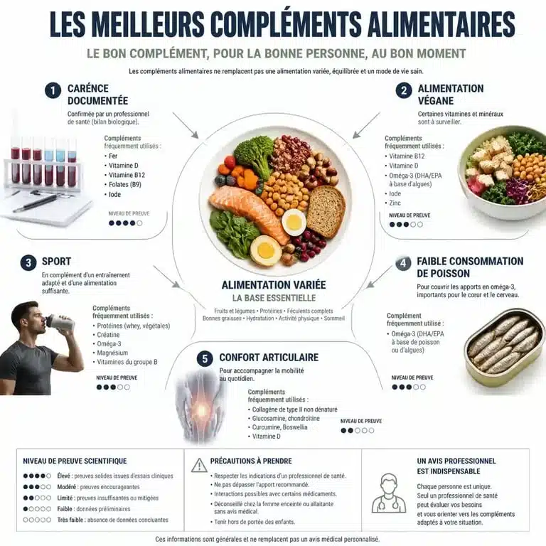 Meilleures compléments alimentaires selon les besoins, les preuves et les précautions
