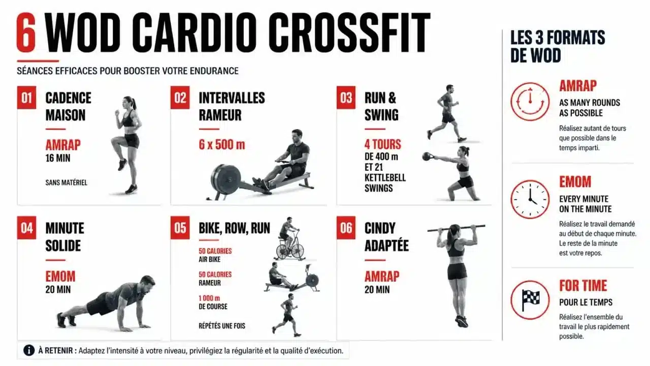 Infographie des six WOD cardio CrossFit avec formats, durées et matériel