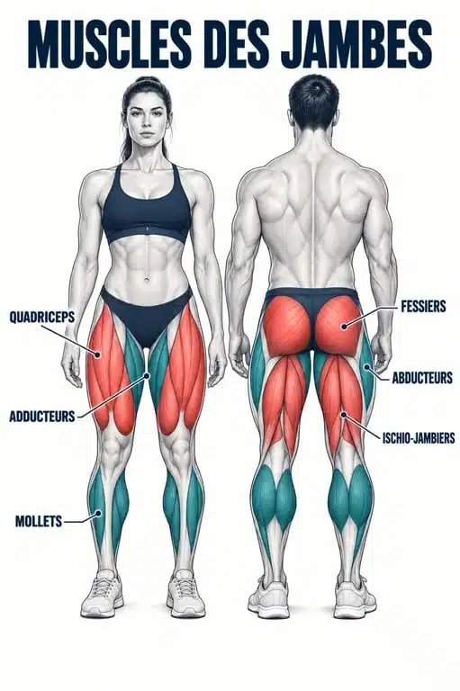 Schéma des muscles sollicités par le renforcement musculaire jambes
