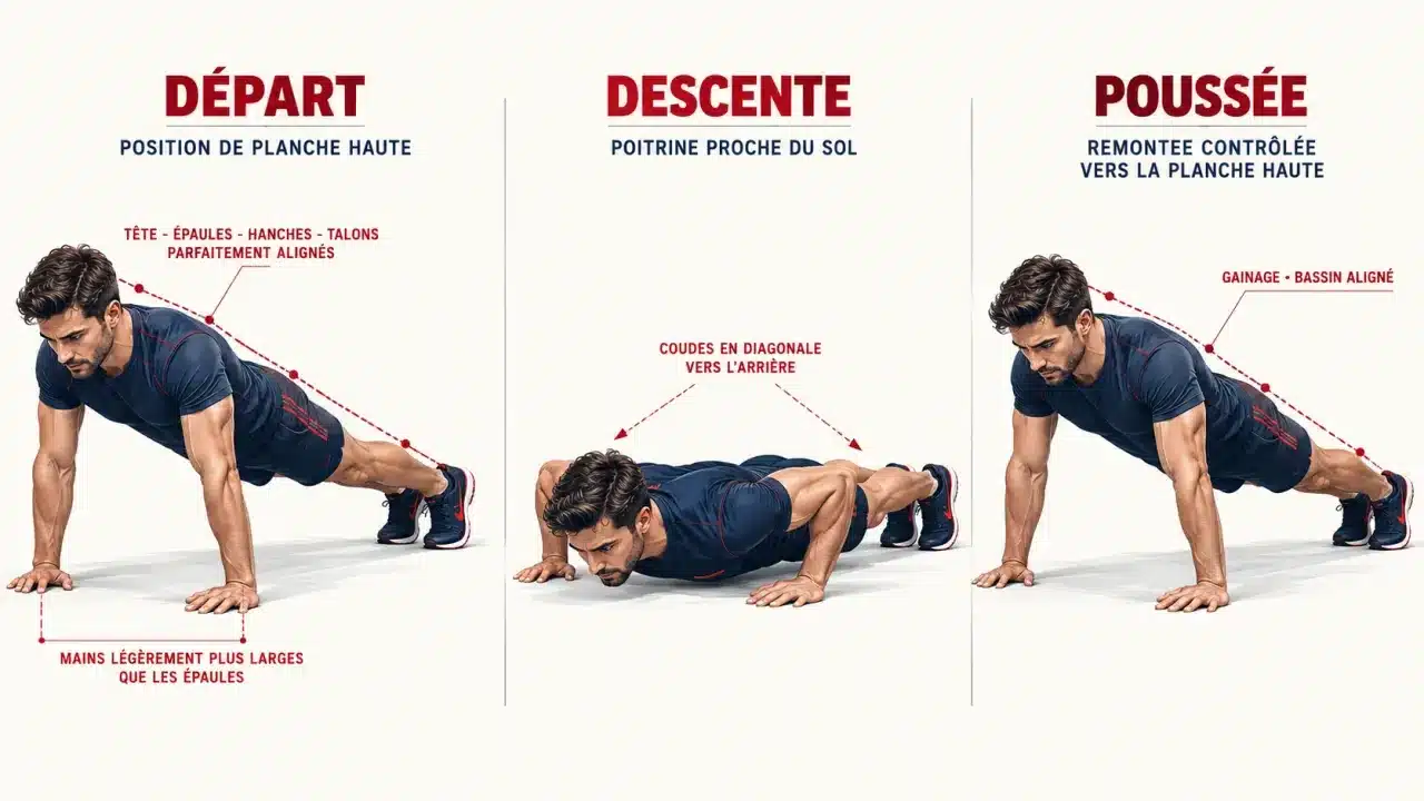 Exercices pour pectoraux : séquence illustrée de l’exécution correcte des pompes