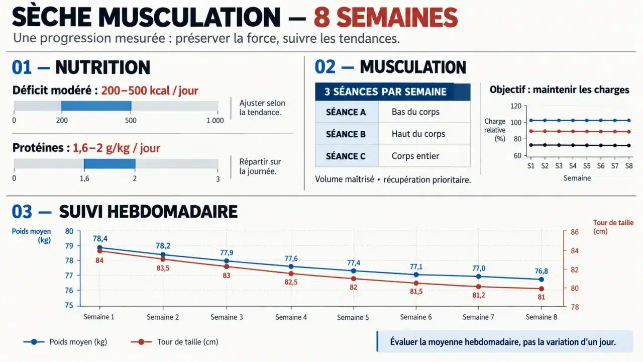 Programme sèche musculation sur huit semaines avec calories, entraînement et suivi du poids