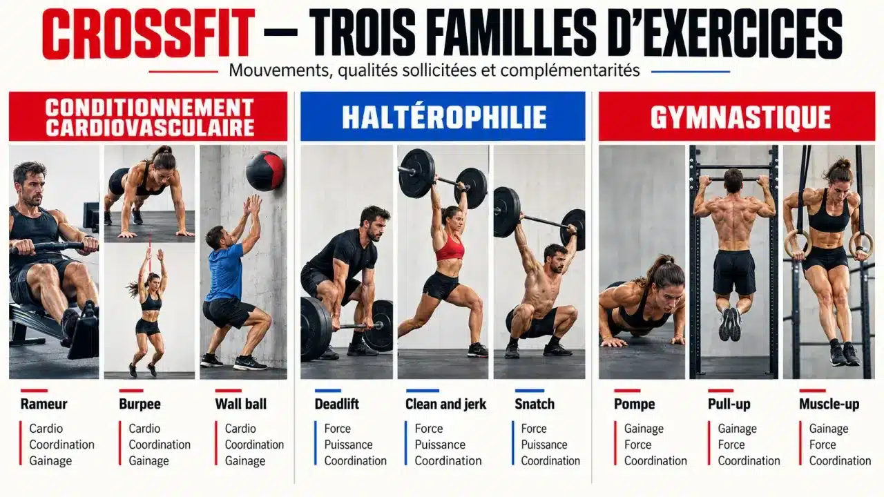 Infographie sur les principaux exercices de CrossFit classés par famille