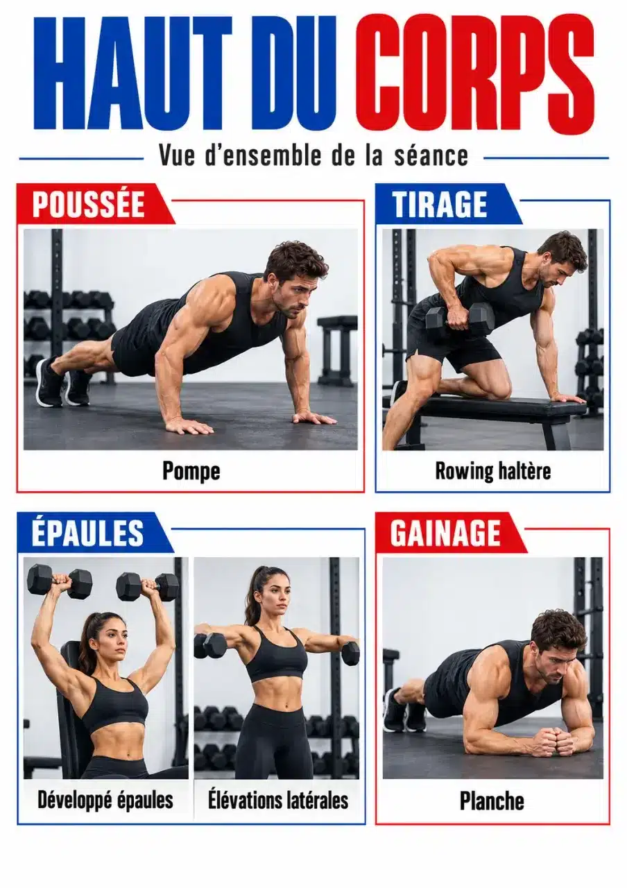Programme musculation haut du corps PDF avec les principaux exercices de poussée, tirage, épaules et gainage